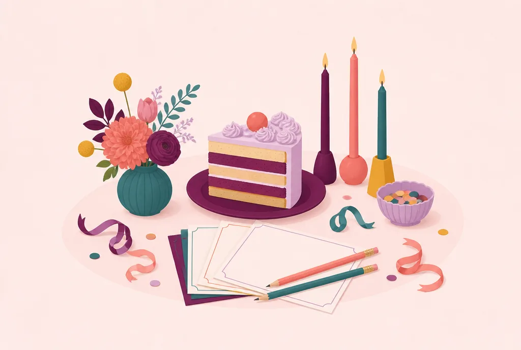 Adult Birthday Party Games (Indoor, No Cringe) Birthday cake with a gold number candle next to printed quiz sheets and pens on a coffee table