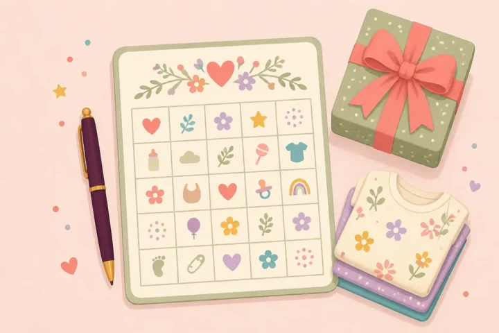 Baby shower bingo card with a pen next to a wrapped gift and folded onesies on a table