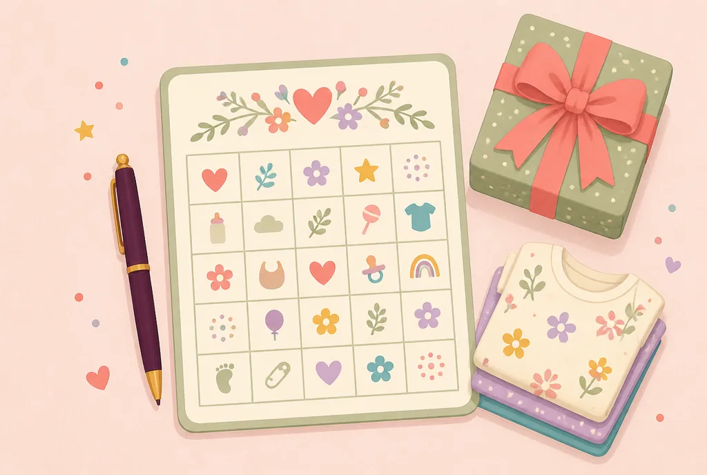 Baby shower bingo card with a pen next to a wrapped gift and folded onesies on a table