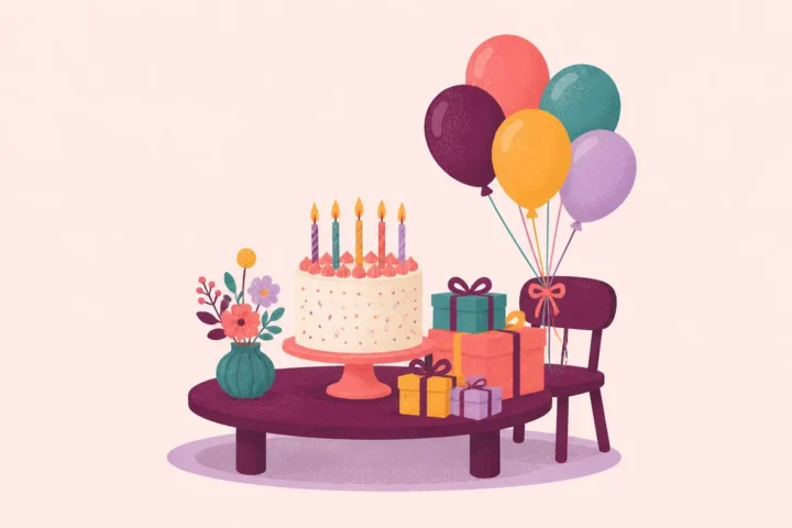 50 Birthday Party Games for Kids (Indoor + Outdoor) Frosted birthday cake with candles beside wrapped presents and colorful balloons at a kids' party table