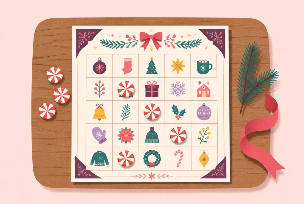 Christmas Bingo (Free Printable + Custom Card Generator) Printable Christmas bingo card with peppermint candy markers and a pine sprig on a wooden table