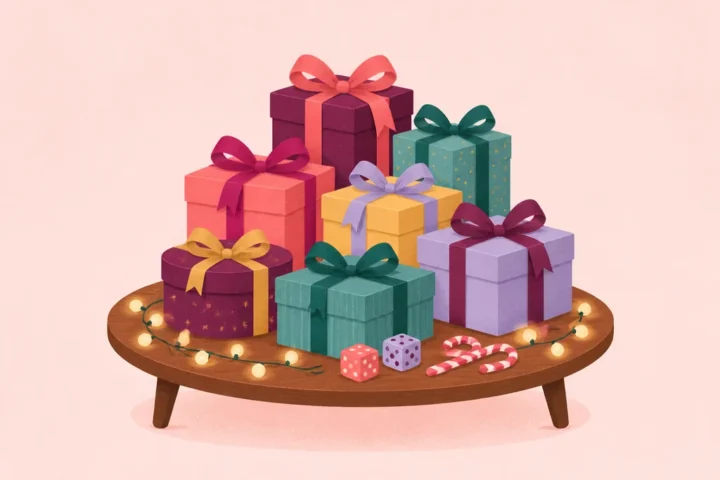 Wrapped Christmas gifts, fairy lights, candy canes and dice set up for an adult Christmas party gift exchange