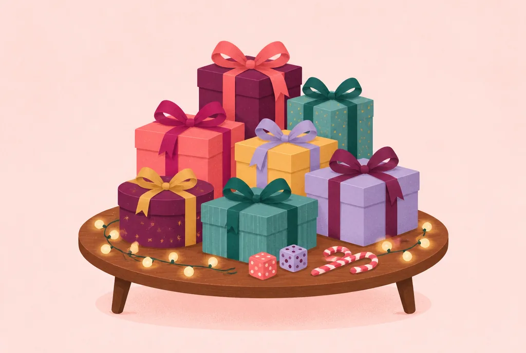 50 Christmas Party Games for Adults Wrapped Christmas gifts, fairy lights, candy canes and dice set up for an adult Christmas party gift exchange