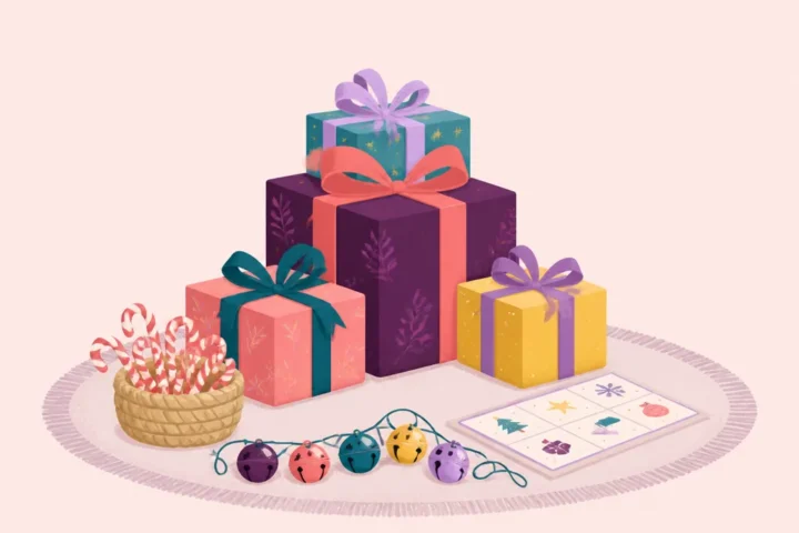 Christmas Party Games for Families (All Ages) Wrapped presents, mini candy canes, jingle bells and a printed Christmas game card on a living room rug