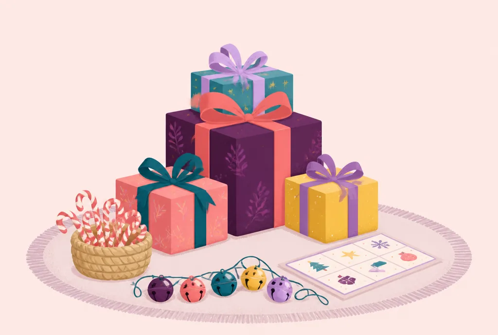 Wrapped presents, mini candy canes, jingle bells and a printed Christmas game card on a living room rug