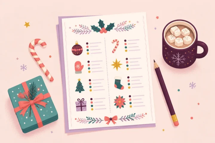 Printable Christmas trivia quiz with a pencil, a mug of hot cocoa and a candy cane on a table