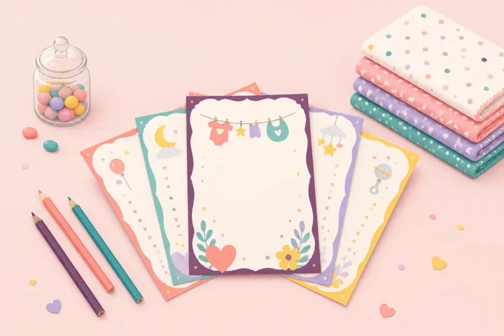 Free Printable Baby Shower Games (Plus 17 Easy Paper Games) Printed baby shower game sheets with pencils, a jar of pastel candies and folded baby blankets on a table