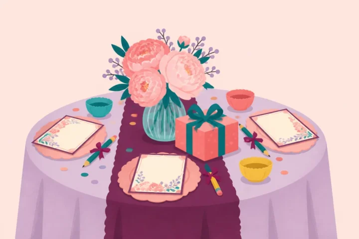 Bridal shower table with printed game cards, ribbon-tied pencils, blush peonies and a wrapped gift