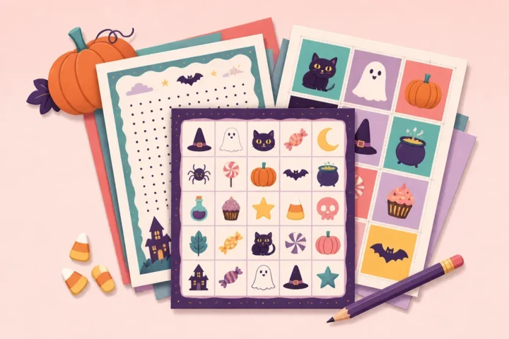 Printed Halloween bingo card, word search and game cards fanned out beside a small pumpkin and candy corn