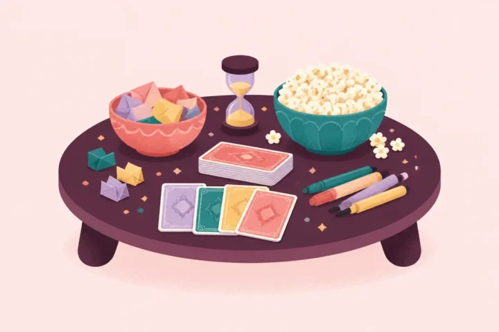 Coffee table set for adult game night with paper slips in a bowl, playing cards, markers, a timer and popcorn
