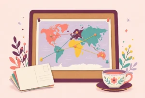 A world map on a corkboard with pins and string, beside postcards and a teacup