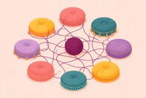 A ball of yarn spun into a web between floor cushions