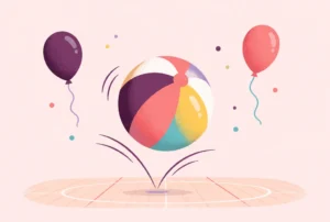 A striped beach ball bouncing between two balloons