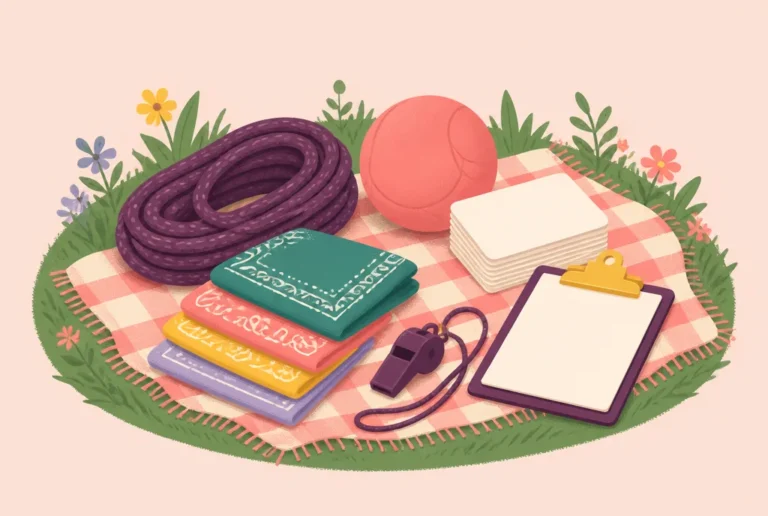 A facilitator's kit on a picnic blanket: a coiled rope, a soft ball, index cards, bandanas, a whistle and a clipboard