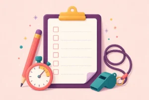 A clipboard with a checklist, a pencil, a stopwatch and a whistle