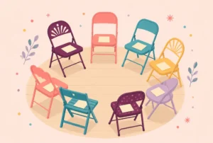 A circle of folding chairs with blank name tags on the seats