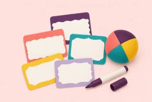 Blank name tags, a marker and a soft juggling ball