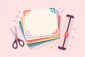 A stack of printed activity cards, scissors and a paper trimmer