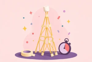 A spaghetti and tape tower with a marshmallow on top, next to a stopwatch