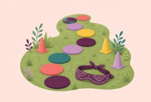 A path of rubber floor spots across grass with a folded blindfold and cones