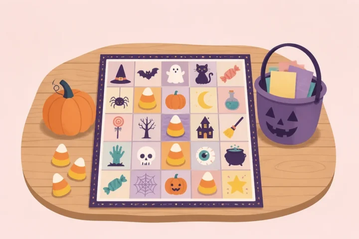 Printable Halloween bingo card with candy corn markers beside a small pumpkin and a bucket of calling slips