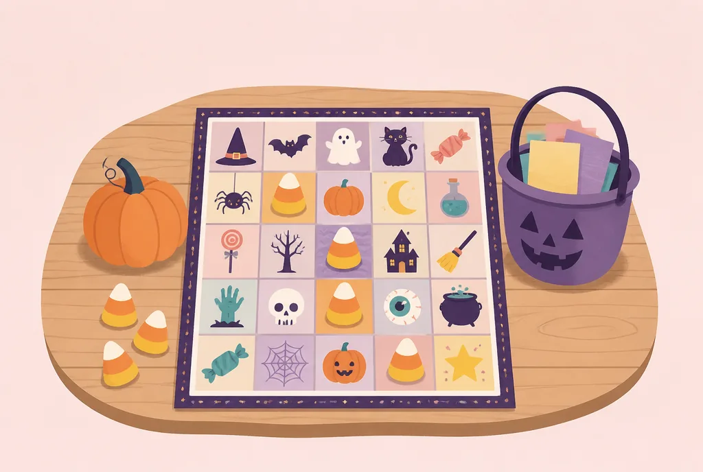 Printable Halloween bingo card with candy corn markers beside a small pumpkin and a bucket of calling slips