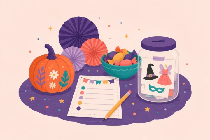 Halloween party table with a painted pumpkin, printed trivia sheet, candy bowl and a jar of costume contest ballots
