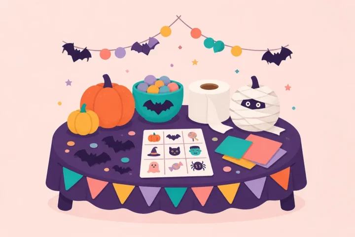 Small pumpkins, a toilet paper roll, paper bats and a printed bingo card set out for a kids' Halloween party
