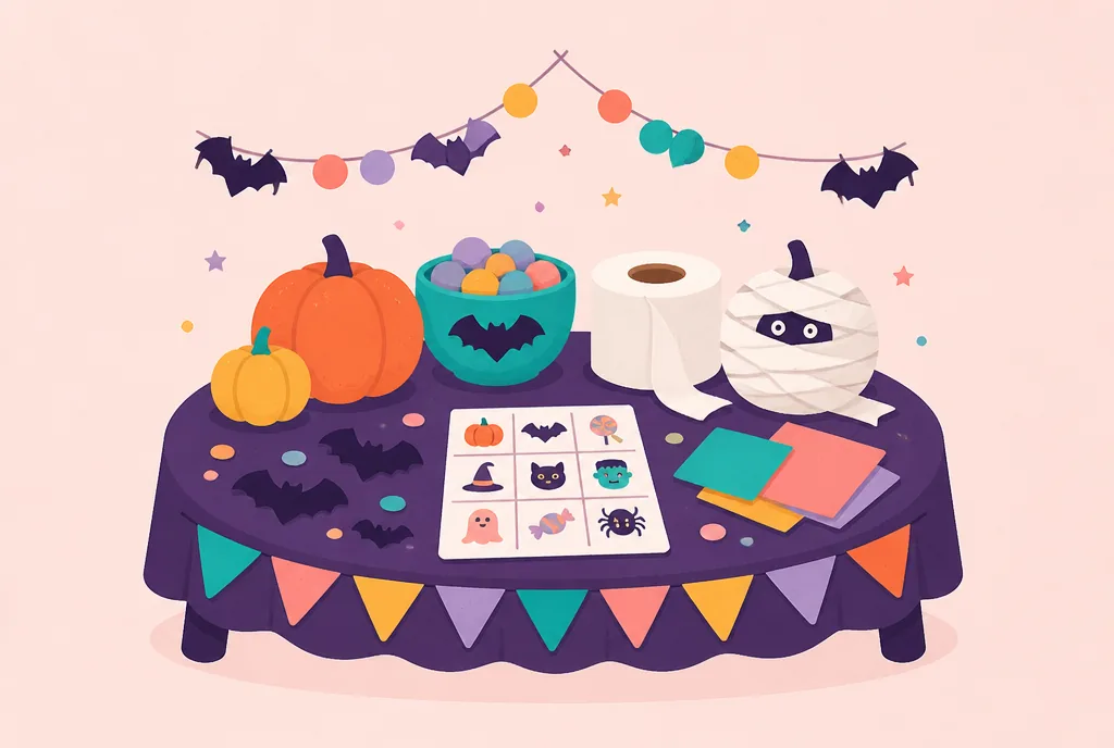Small pumpkins, a toilet paper roll, paper bats and a printed bingo card set out for a kids' Halloween party