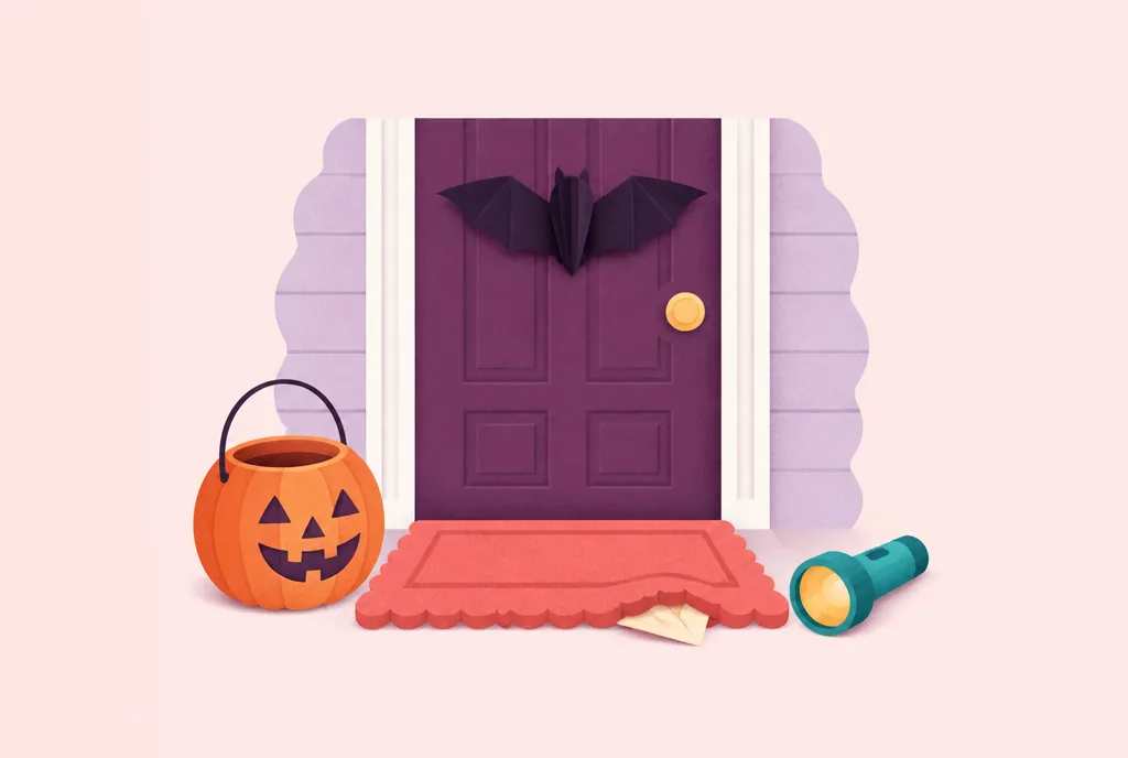 Halloween scavenger hunt clue card under a doormat next to a pumpkin candy bucket and a flashlight