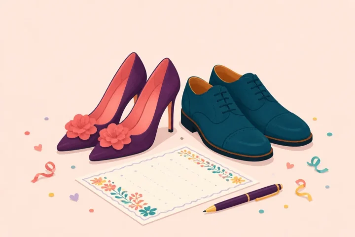 A pair of high heels and a pair of men's dress shoes beside a printed he said she said game sheet and a pen