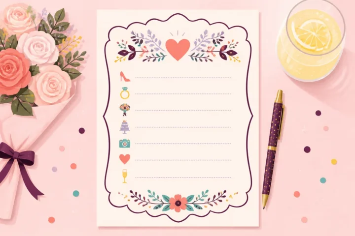 Printed bride quiz sheet with a pen, a small bouquet of blush roses and a glass of sparkling lemonade