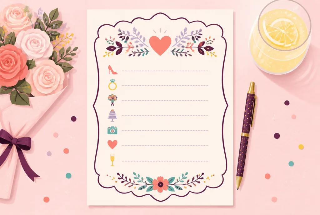 Printed bride quiz sheet with a pen, a small bouquet of blush roses and a glass of sparkling lemonade