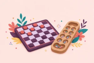 A checkerboard with checkers beside a wooden mancala board with colored stones