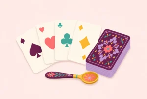 A fanned hand of playing cards beside a face-down deck and a spoon