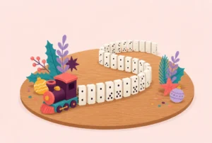 A curving line of dominoes on a wooden table with a toy train engine at one end