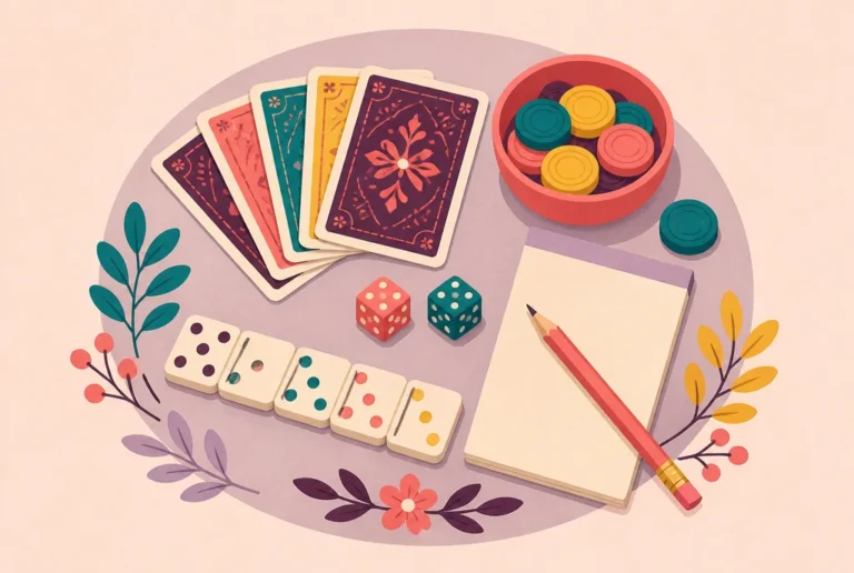 A game-night table from above: a hand of playing cards, a row of dominoes, dice, checkers and a pencil on a score pad