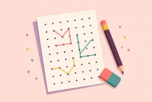 A sheet of paper with a grid of dots, some joined by lines, with a pencil and eraser