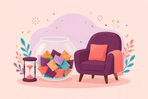 A glass fishbowl full of folded paper slips beside a sand timer and an armchair