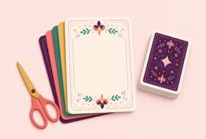 A stack of printed rule cards beside scissors and a deck of playing cards