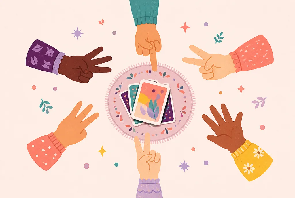 Never Have I Ever Questions (Clean & Funny) Hands holding up fingers around a stack of printed I Have Never game cards on a living room rug
