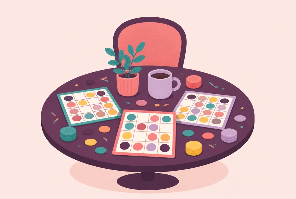 Printable Games for Seniors (Free, Large Print) Large-print bingo cards with big round chips beside a coffee mug and small potted plant on a table