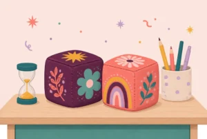 Two big fabric dice beside a sand timer and a pencil cup on a desk