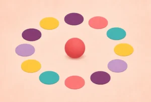 A ring of colored floor spots around a red ball on a gym floor