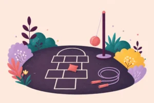 A chalk hopscotch grid with a beanbag, a tetherball pole and a jump rope on blacktop