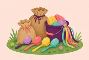 Burlap sacks, plastic eggs on spoons, a bucket of sponges and ribbons on grass
