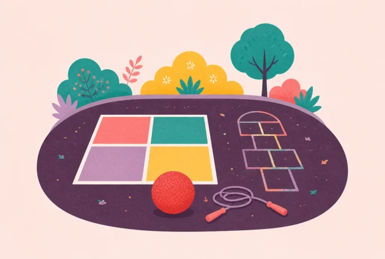A playground blacktop with a painted four square court, a red playground ball, a jump rope and a chalk hopscotch grid