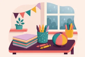 A classroom desk with paper, crayons and a soft ball by a rainy window