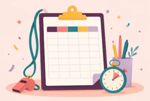 A clipboard with a schedule grid, a whistle and a stopwatch