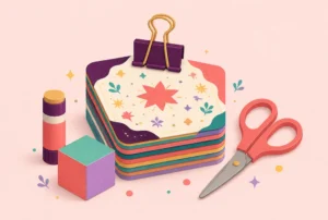 Printed game cards held by a binder clip, beside scissors, a glue stick and a paper cube